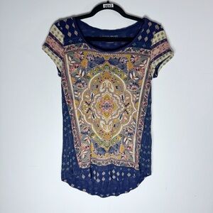 Lucky Brand Boho Medallion Print Tee Navy Scoop Neck High Low Top Womens S